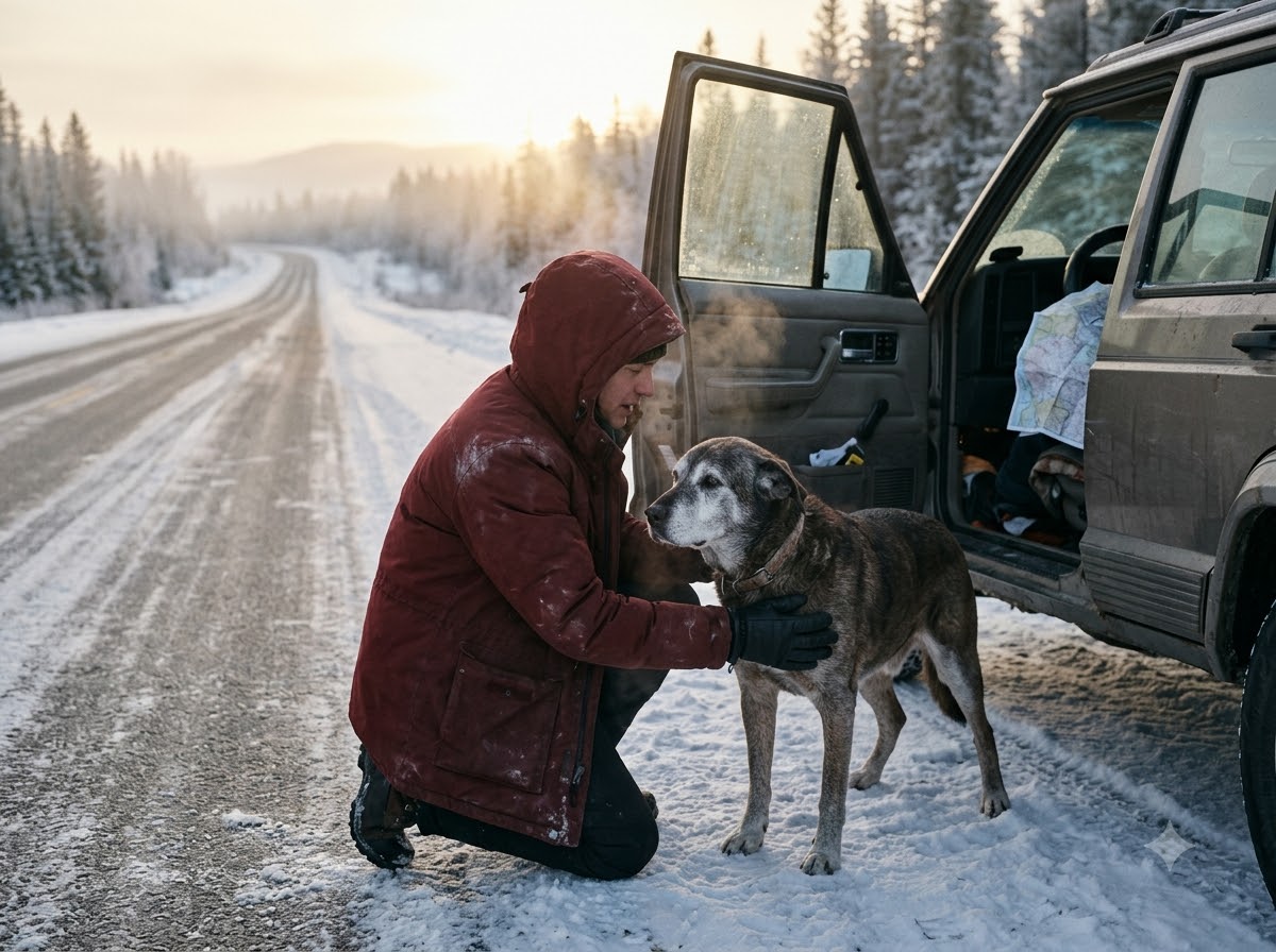 A volunteer kneels beside an old white-muzzled dog by a car on a snowy road