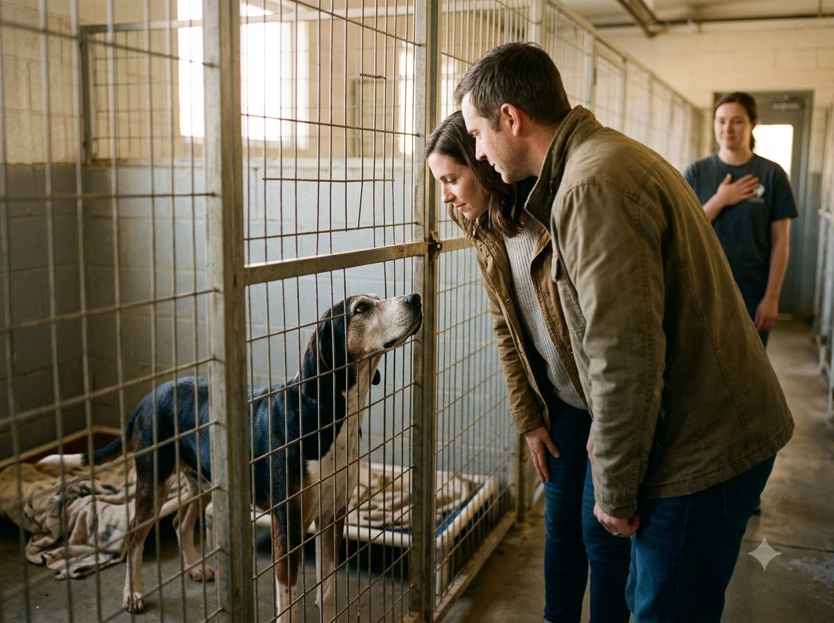 A couple meets an old coonhound pressing his nose to a kennel gate